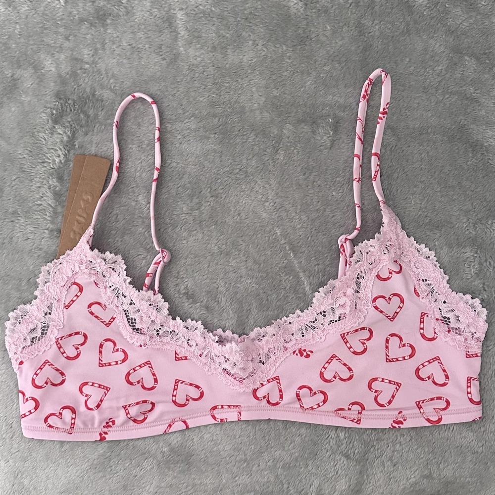 Skims Bra Bralette Womens Medium Pink Fits Everybody Lace Candy Heart Print